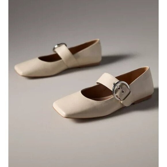 By Anthropologie Leather Square-Toe Nude Beige Mary Jane Flats 41/10 - Picture 1 of 1